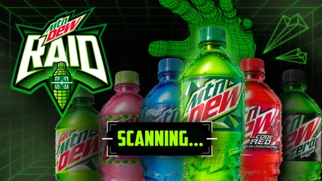 Several colourful Mtn Dew bottles arranged in a row against a dark green digital grid background with glowing wireframe hands.