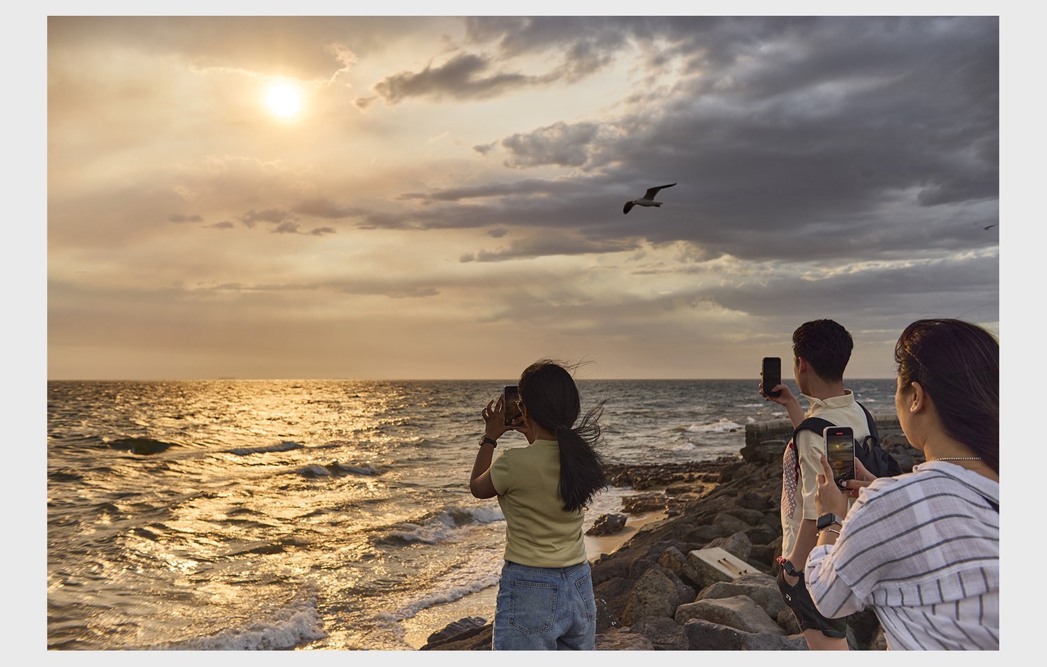 People stand by the ocean at sunset, capturing the scene with smartphones as a seagull flies past, set against a cloudy sky.