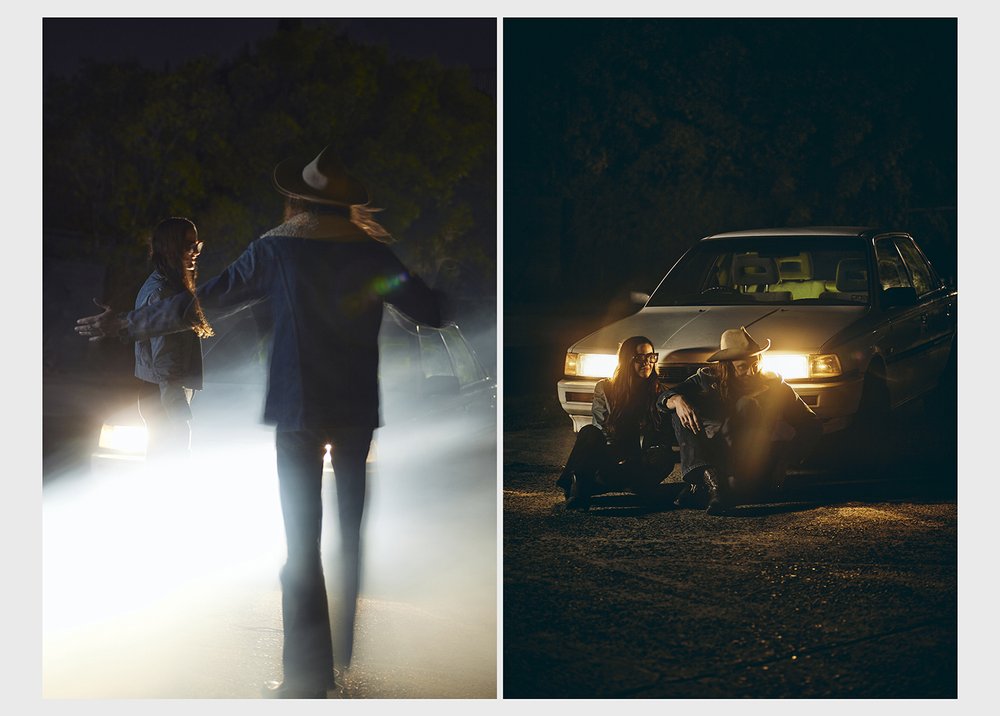 Split image shows two people, a white car, and road. On the left, a female stands as a male figure walks away from the camera.