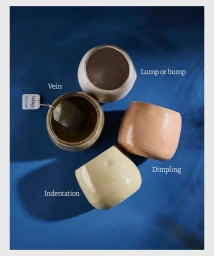 Top-down view of four ceramic cups on a blue surface with text labels pointing out surface features like veins and dimples.