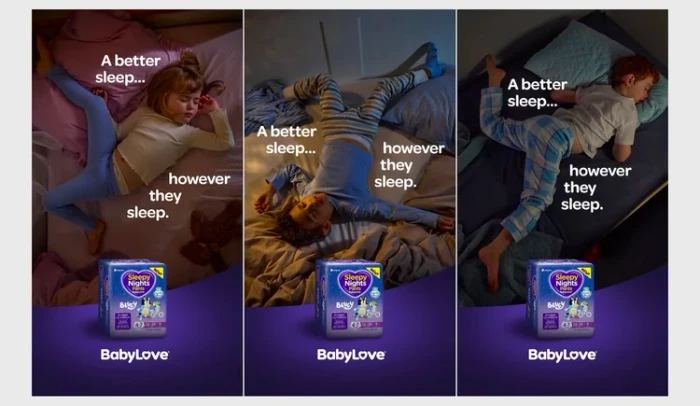 Three vertical panels showing children sleeping in beds in various relaxed positions with overlaid text and a product pack below.