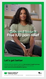 Woman seated wearing an olive green t-shirt and dark trousers in an interior healthcare setting with text overlay