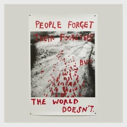 Mixed media artwork by Catherine Black featuring a black and white landscape photo with bold red handwritten text layered over top.