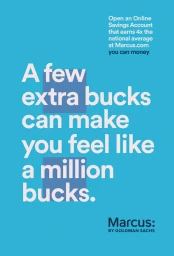 Digital advertisement for Marcus by Goldman Sachs featuring white typography on a bright blue background with light blue accent blocks