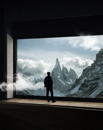 A solitary man stands before a window showcasing a majestic mountain range partially shrouded in clouds, set against a dimly lit foreground.