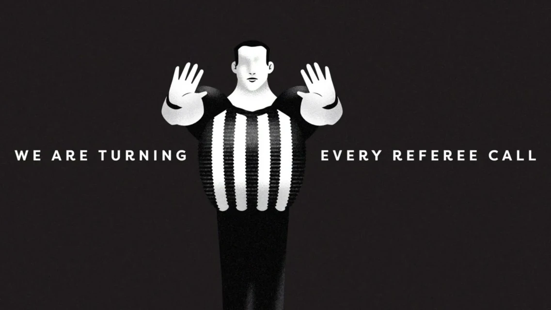 Digital illustration of a faceless referee with hands up, in a black and white striped uniform, with bold white text on a dark background.