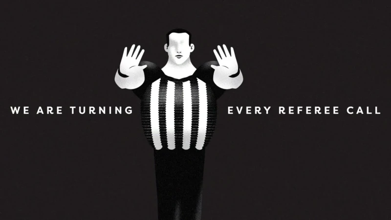 Digital illustration of a faceless referee with hands up, in a black and white striped uniform, with bold white text on a dark background.