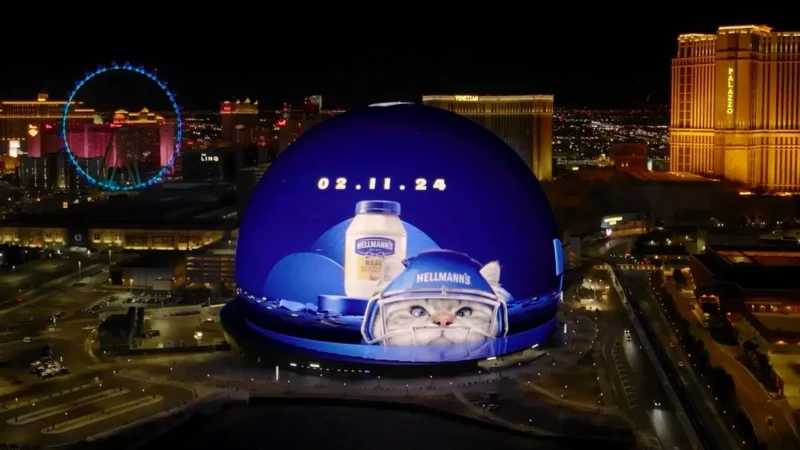 Las Vegas Sphere displays Hellmann's ad with a cat wearing a football helmet next to a jar of mayonnaise against the city skyline at night.