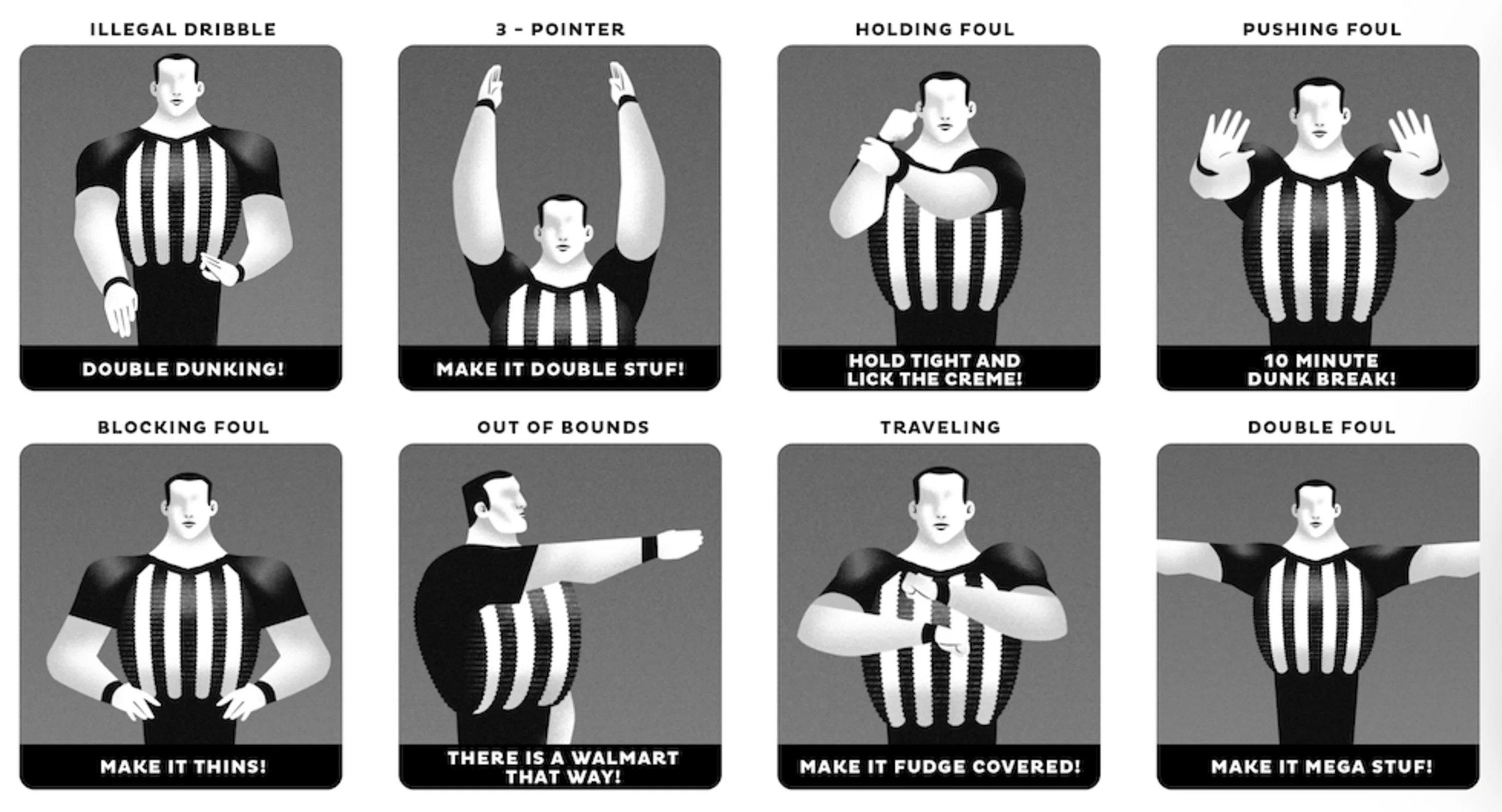 Illustration of basketball referee hand signals, including illegal dribble, three-pointer, holding foul, and blocking foul.