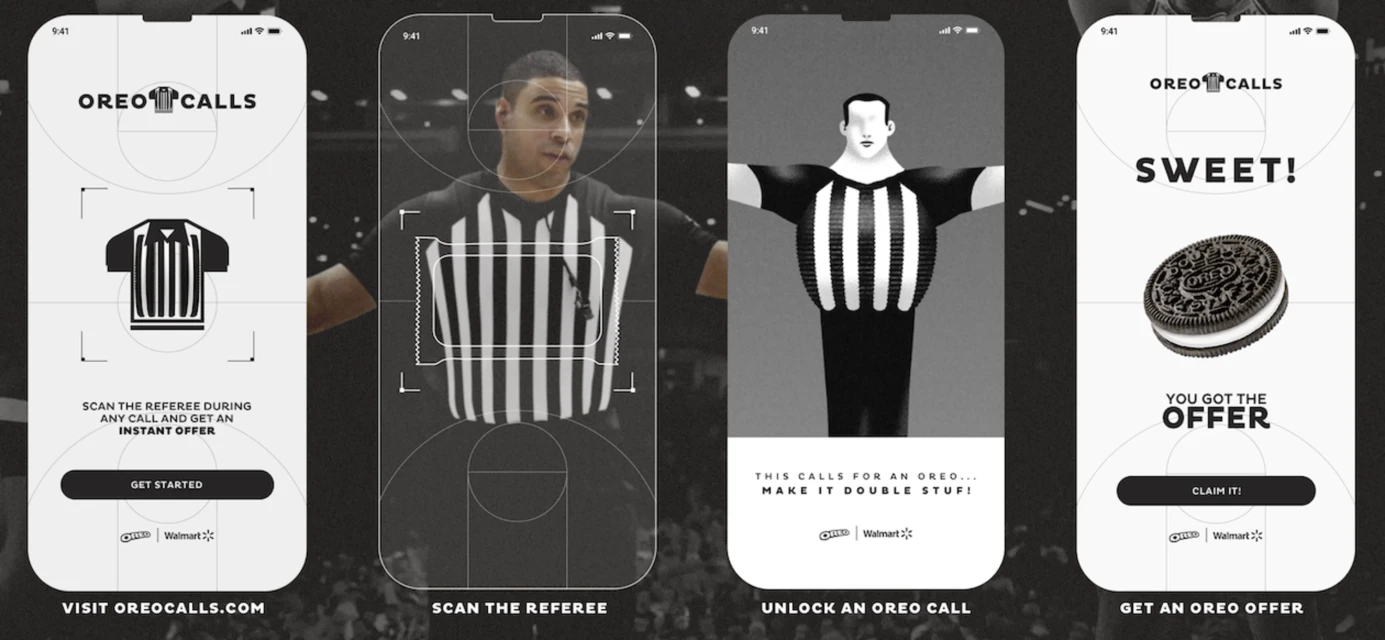 Smartphone ad featuring a basketball referee, scan the referee app design, oreo, and call action, highlighting black and white colors.