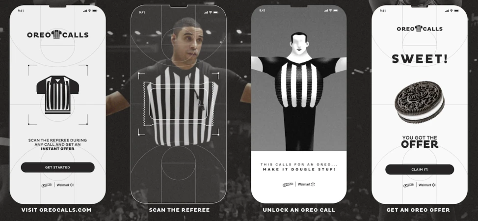 Smartphone ad featuring a basketball referee, scan the referee app design, oreo, and call action, highlighting black and white colors.