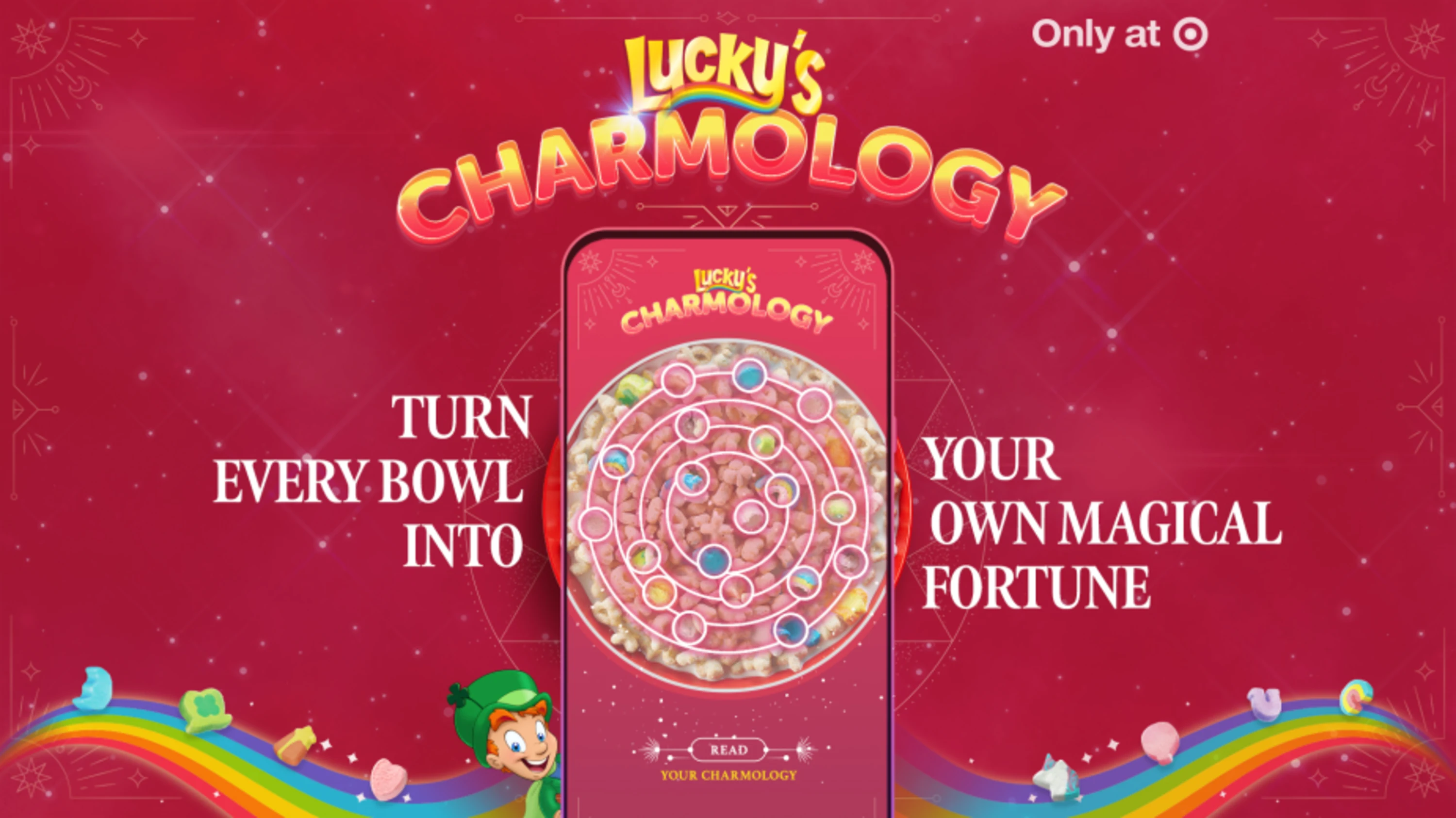 Lucky Charms Charmology advert featuring the Lucky the Leprechaun mascot, cereal bowl, and interactive game on a smartphone screen.