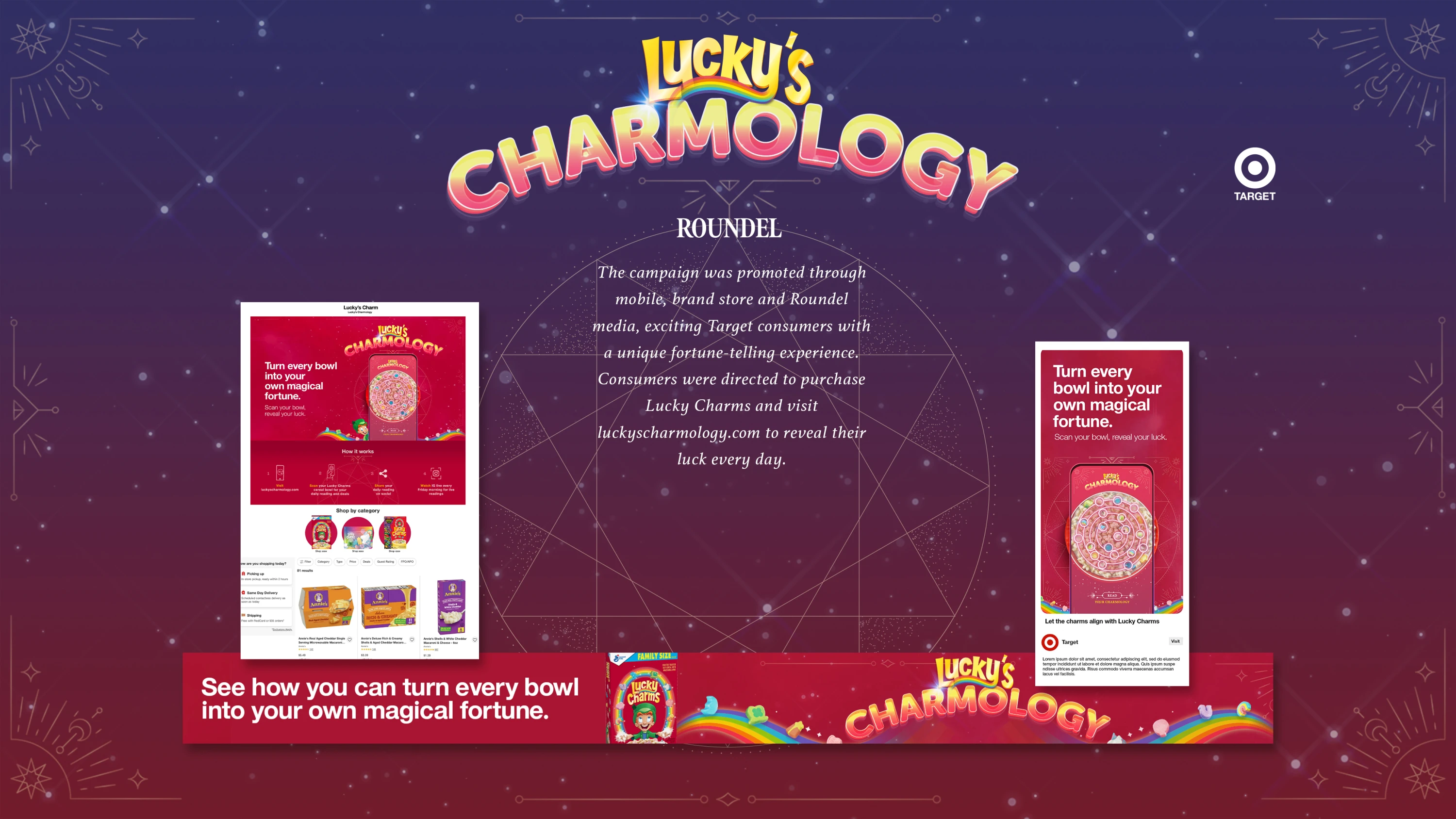 Lucky Charms Charmology ad featuring a mobile phone, cereal box, and magical fortune theme against a purple and red starry backdrop.