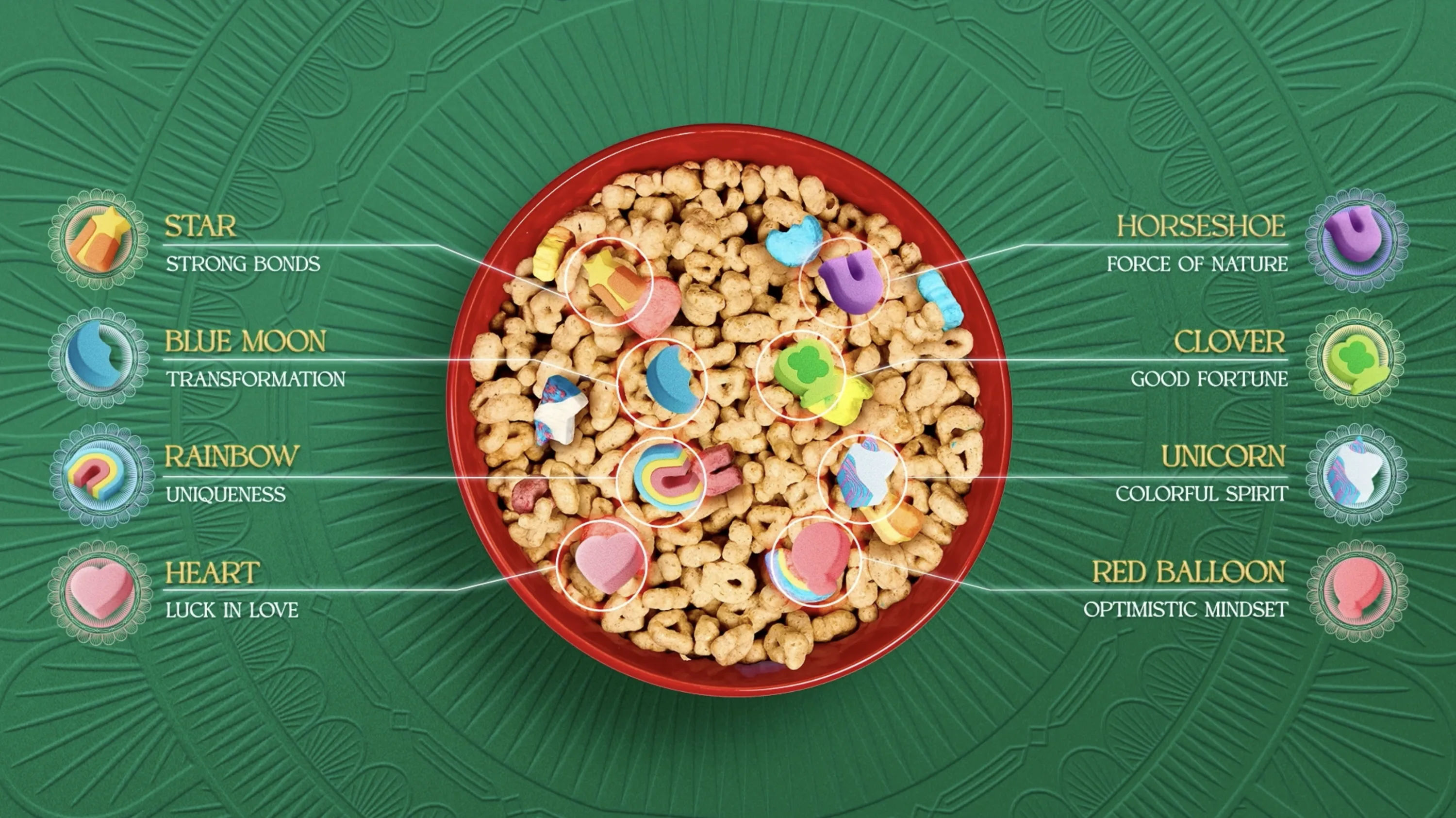 Overhead shot of a red bowl filled with cereal and colorful marshmallows representing stars, hearts, rainbows, horseshoes, and unicorns.