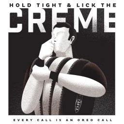 Monochrome illustrated graphic of a man licking his finger with bold typography reading hold tight and lick the creme