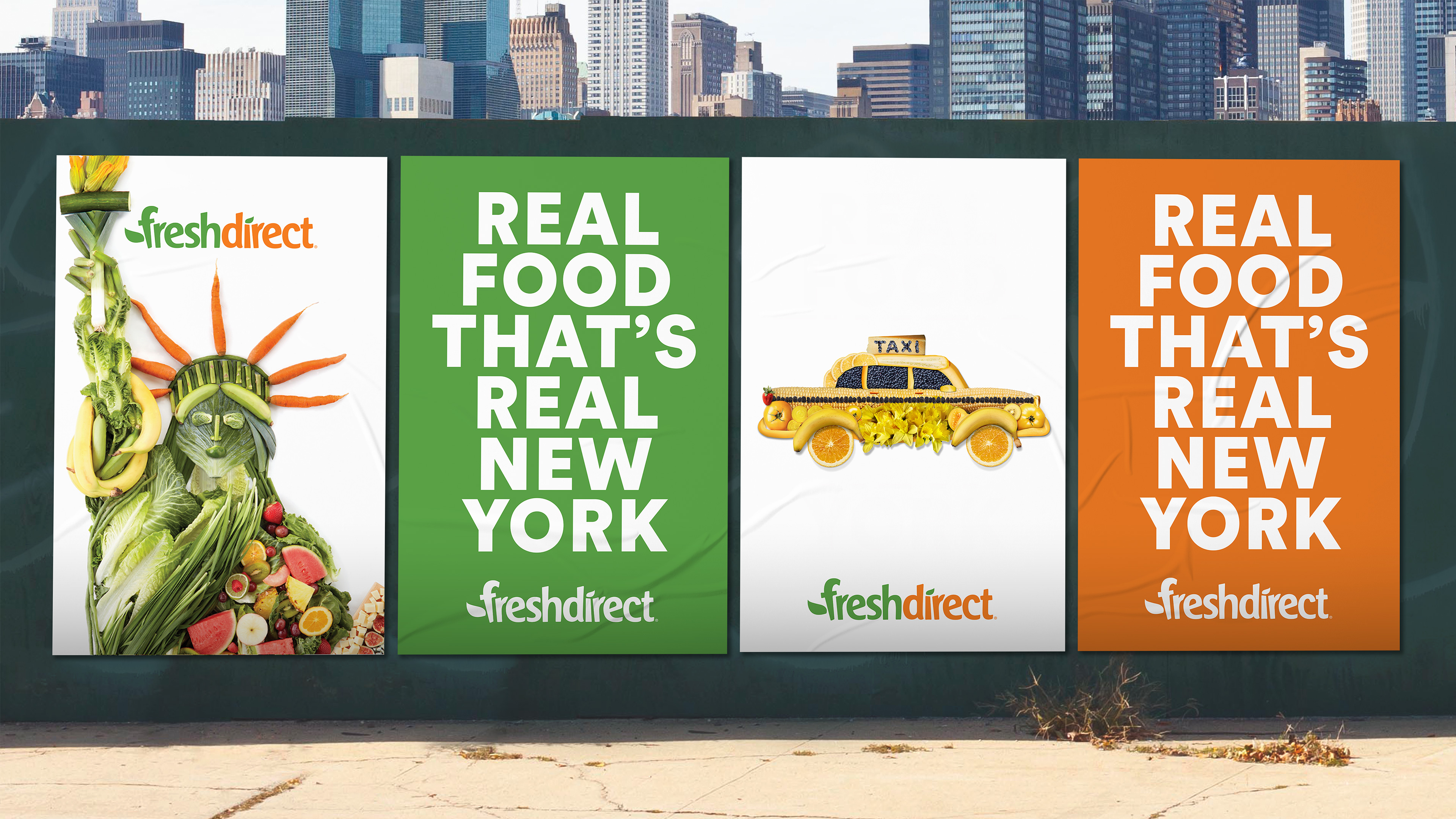Fresh Direct posters showcase New York City landmarks made of produce: the Statue of Liberty and a yellow cab. Cityscape in the background.