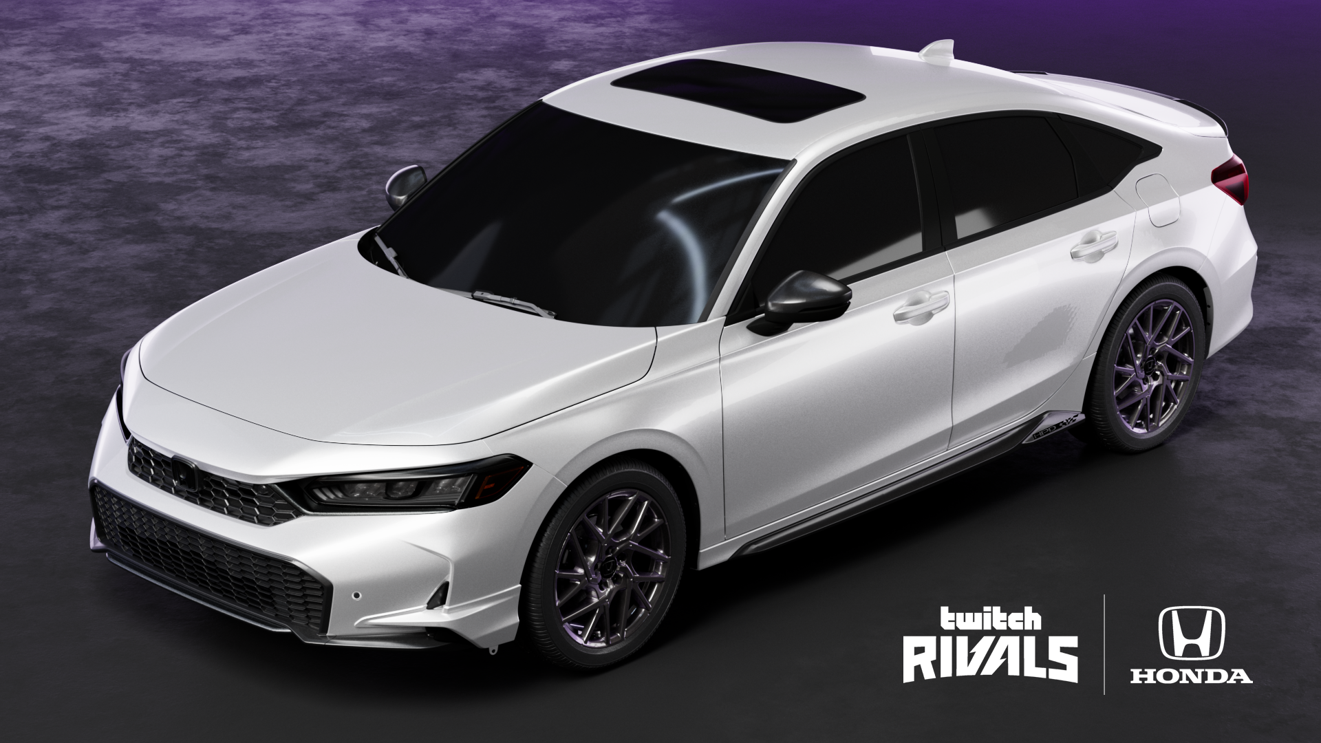 Overhead shot of a white Honda Civic hatchback, showcasing its modern design and sleek lines against a dark, textured background.