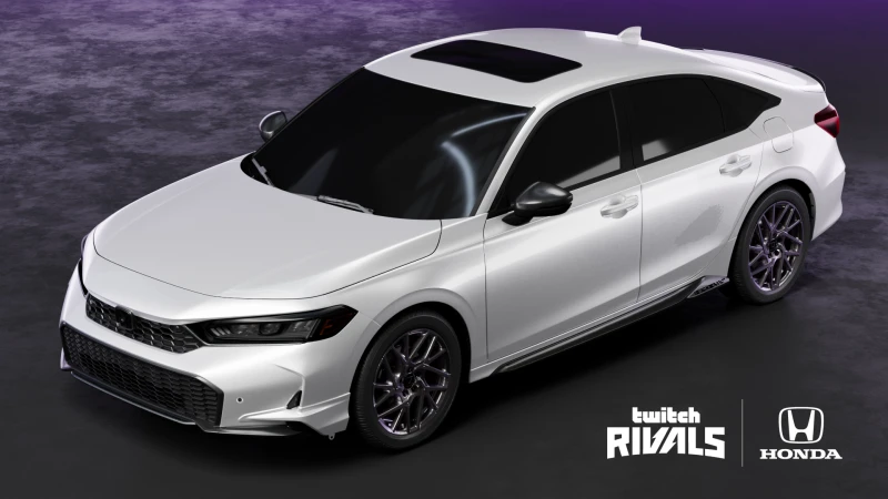 Overhead shot of a white Honda Civic hatchback, showcasing its modern design and sleek lines against a dark, textured background.