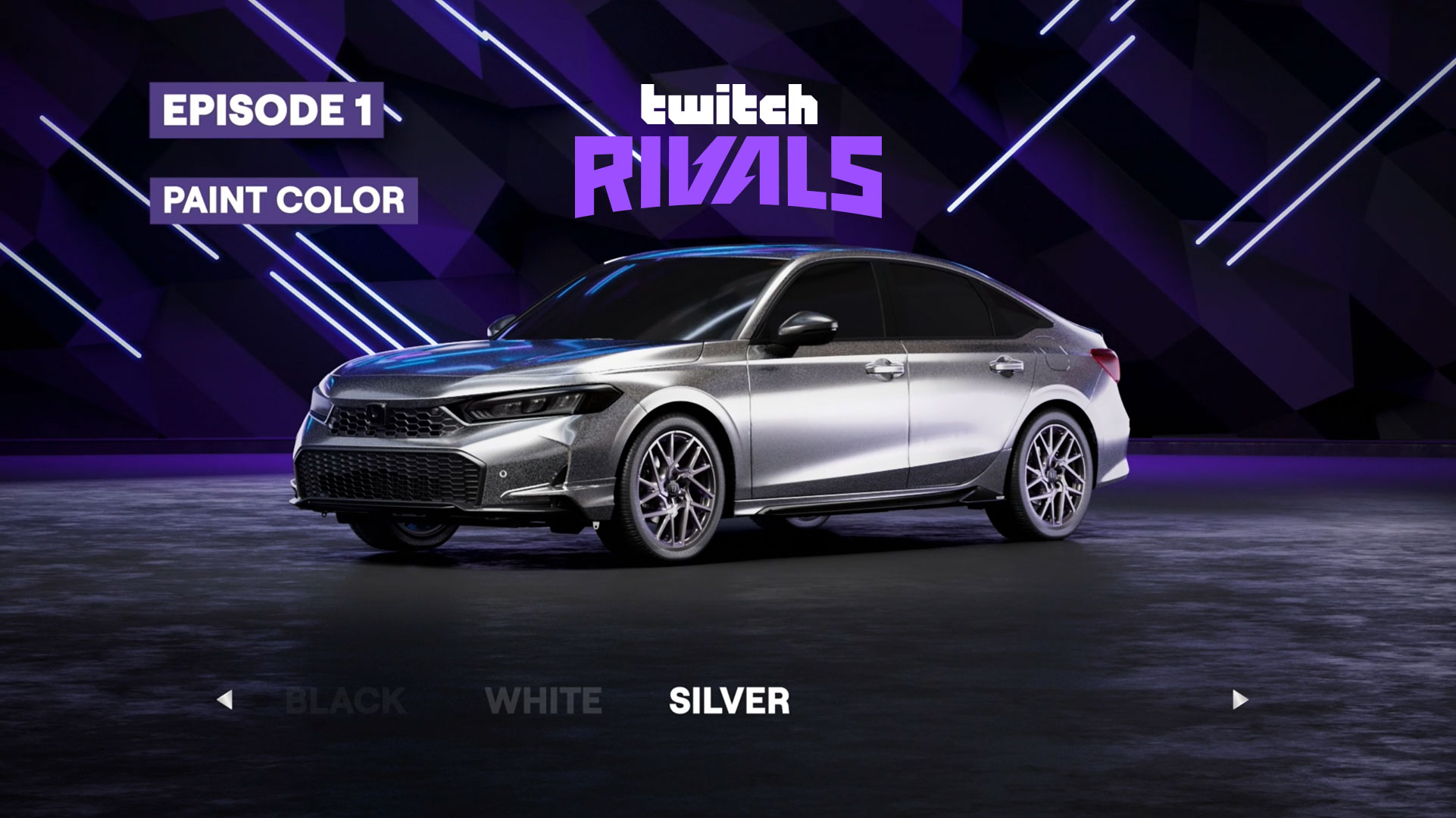 Silver sedan showcased in a digital automotive setting, highlighting its sleek design and modern aesthetic against a geometric backdrop.