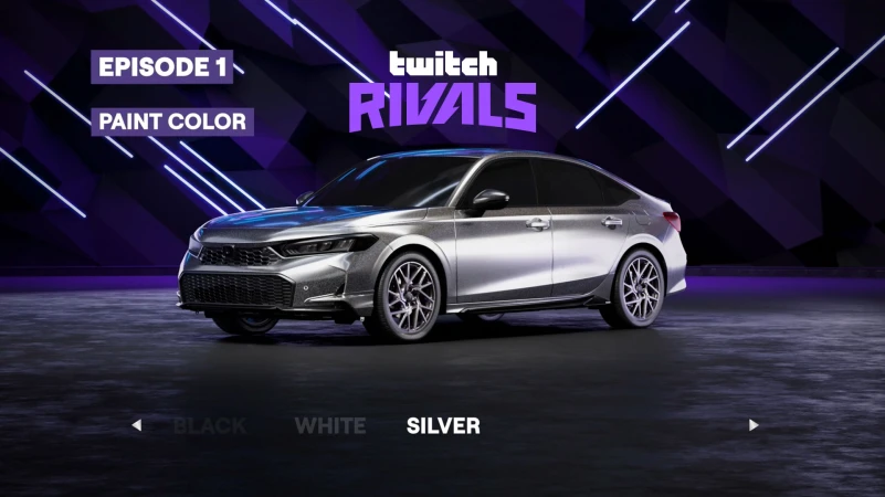 Silver sedan showcased in a digital automotive setting, highlighting its sleek design and modern aesthetic against a geometric backdrop.
