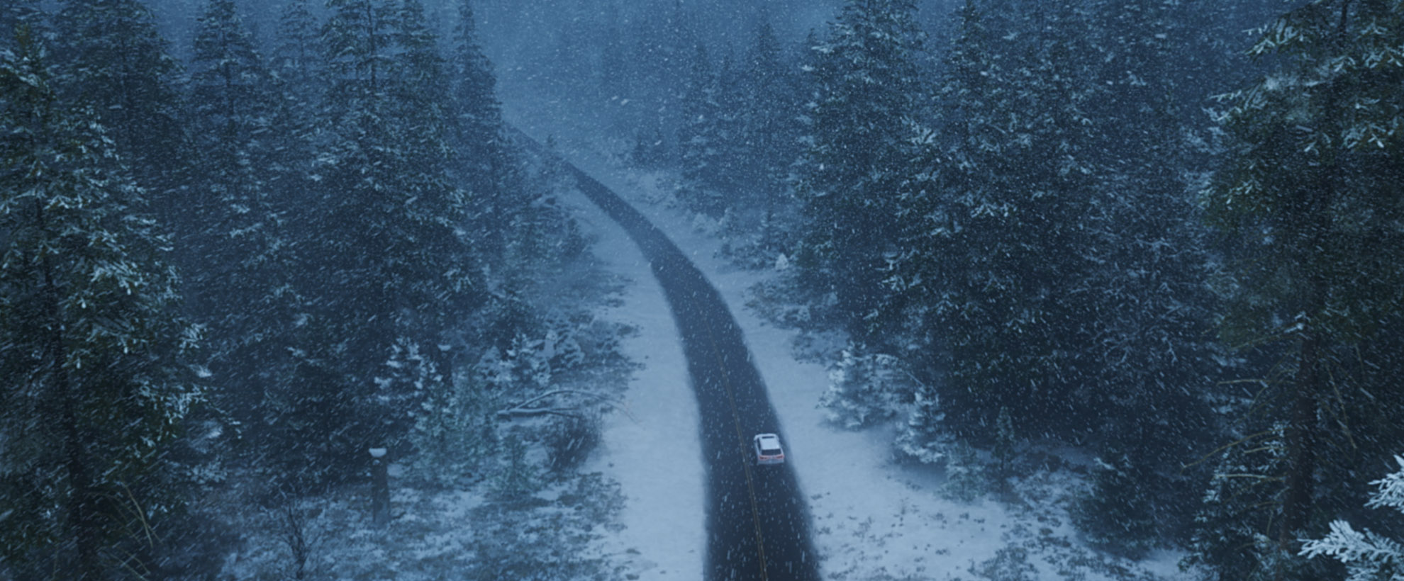 Car driving on a snow-covered road lined with tall evergreen trees during a winter storm, captured from a high-angle perspective.