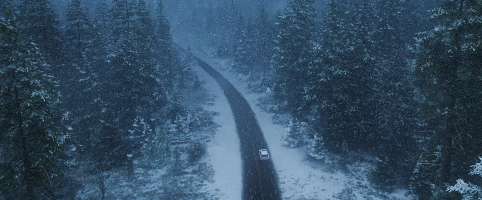 Car driving on a snow-covered road lined with tall evergreen trees during a winter storm, captured from a high-angle perspective.