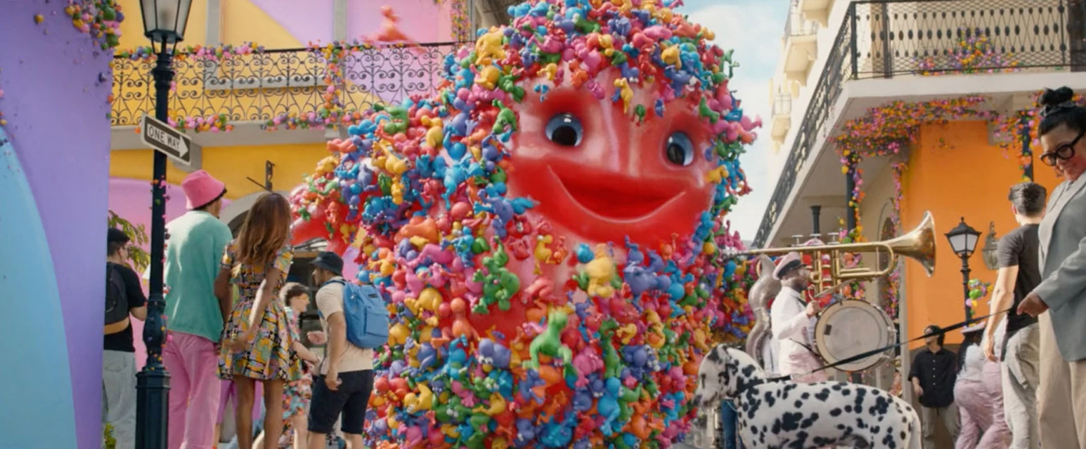 Large, colorful character at outdoor parade with band, dalmatian dog, and people dressed in bright colors on street with storefronts.