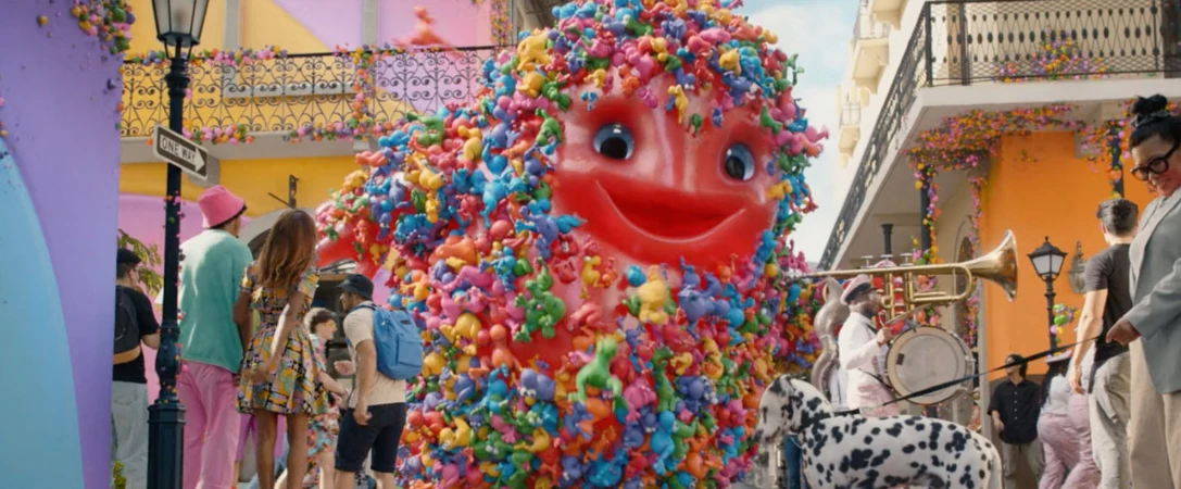 Large, colorful character at outdoor parade with band, dalmatian dog, and people dressed in bright colors on street with storefronts.