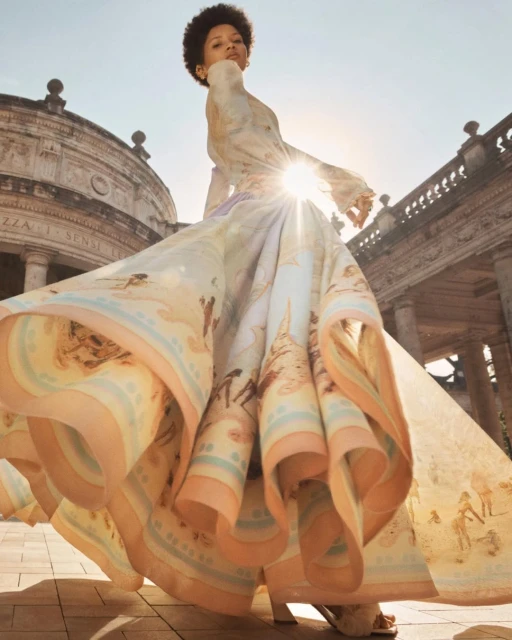 Woman in flowing printed dress stands in outdoor plaza with sunlight flare, architectural backdrop, fashion editorial style.