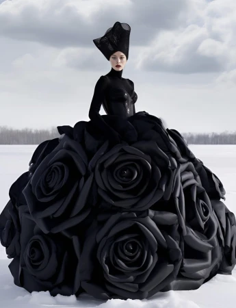 Model wearing a structured black dress made of large fabric roses and a tall sculptural hat in a snowy landscape by Faroff.studio