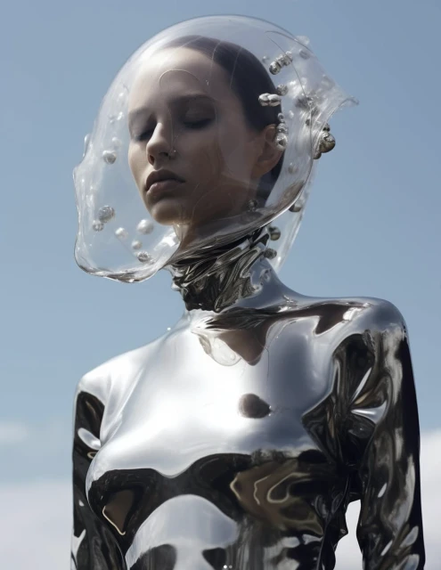 Conceptual fashion shot featuring a woman in a metallic silver bodysuit and a clear plastic bubble helmet, set against a soft blue sky.