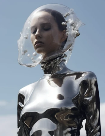 Conceptual fashion shot featuring a woman in a metallic silver bodysuit and a clear plastic bubble helmet, set against a soft blue sky.