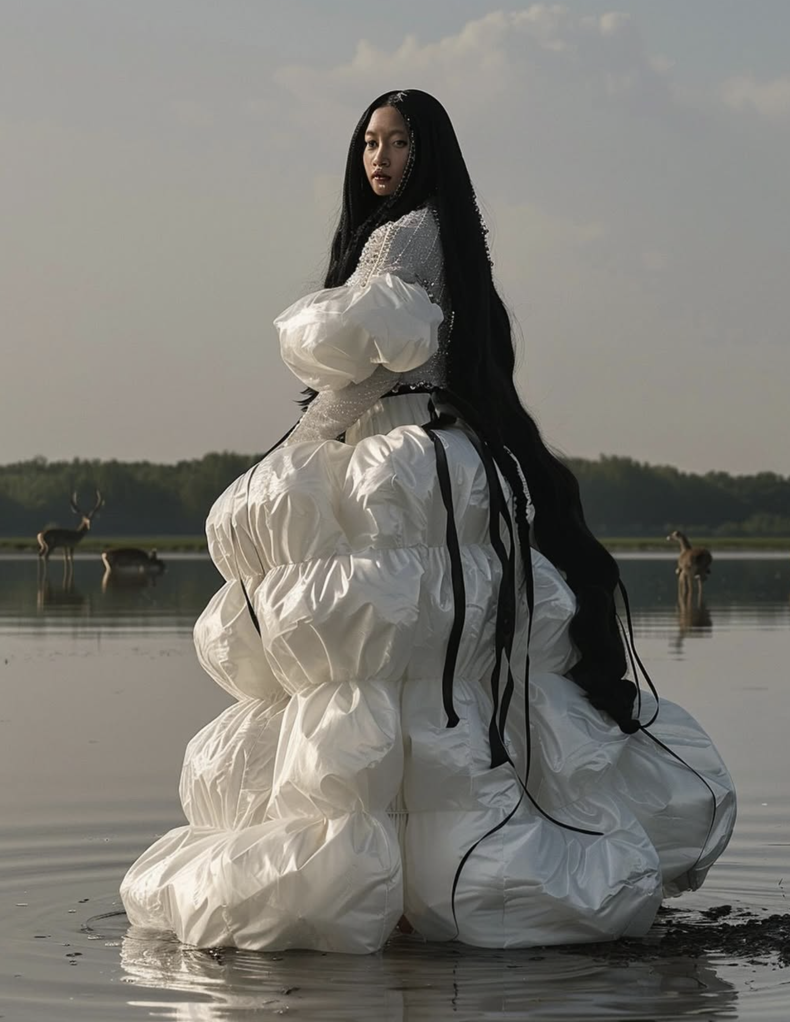 A woman with long black hair stands in water wearing a large white dress, with deer visible in the background against a sky backdrop.