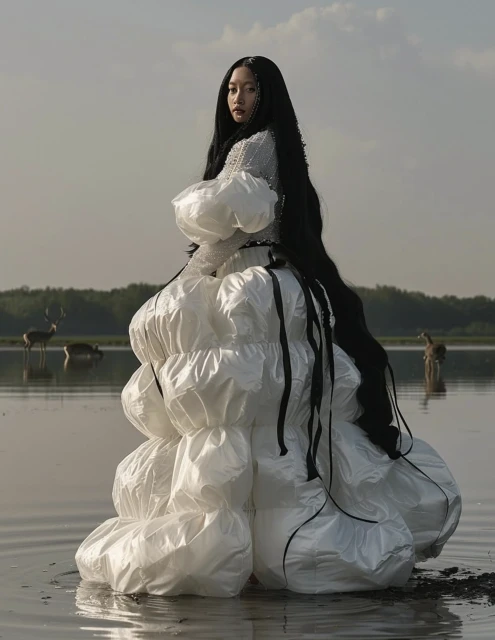 A woman with long black hair stands in water wearing a large white dress, with deer visible in the background against a sky backdrop.