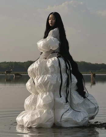 A woman with long black hair stands in water wearing a large white dress, with deer visible in the background against a sky backdrop.
