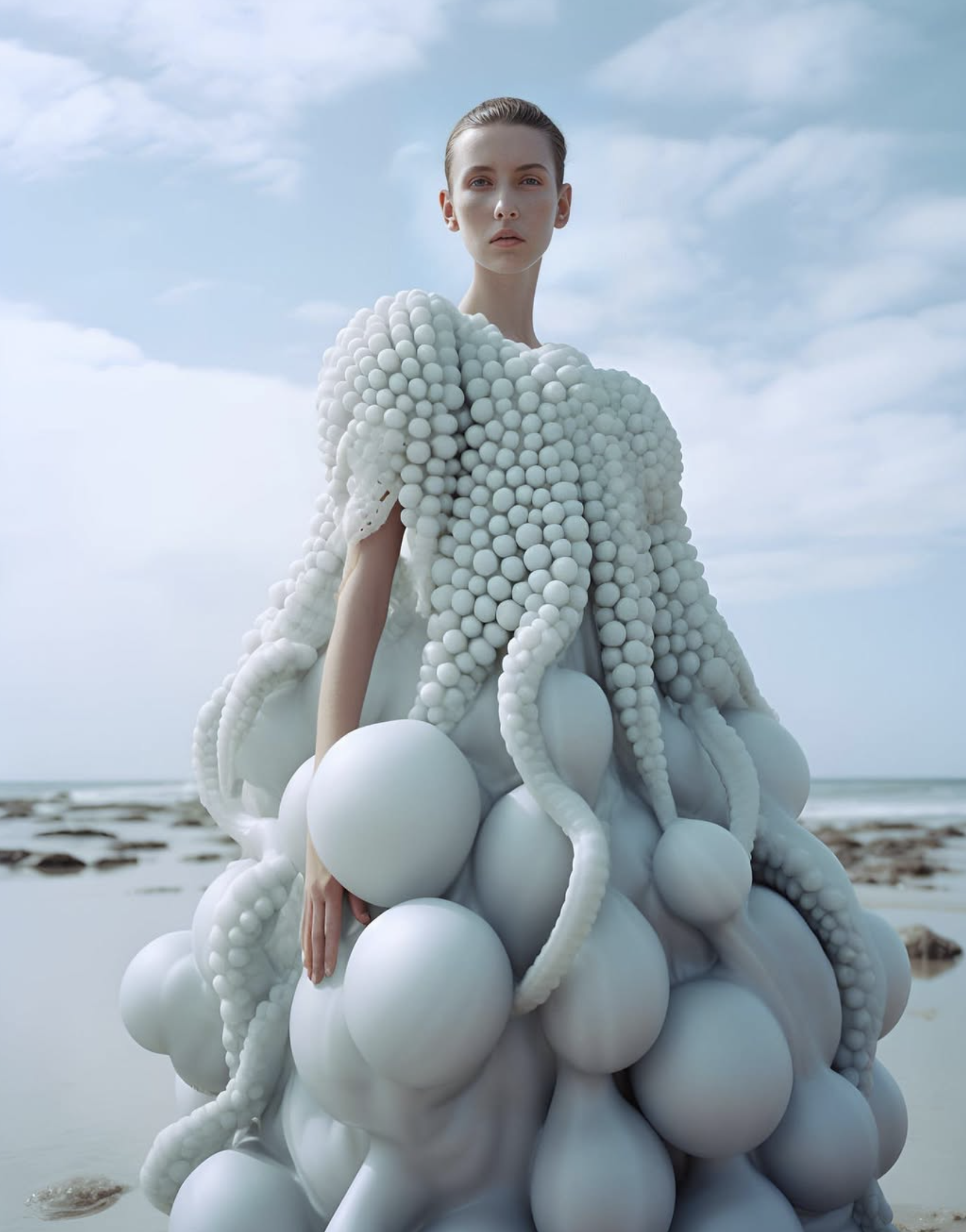 Fashion editorial photo of a woman wearing an octopus-inspired white dress, standing on a beach with a cloudy sky background.