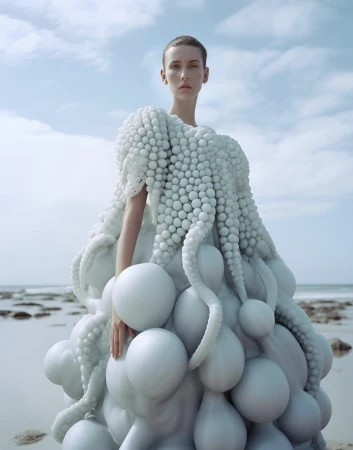 Fashion editorial photo of a woman wearing an octopus-inspired white dress, standing on a beach with a cloudy sky background.
