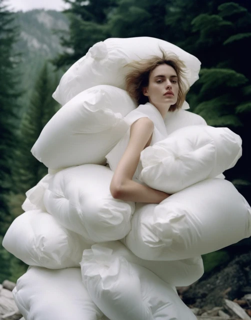 Adult woman in a white dress is lying on a tall stack of white pillows in an outdoor setting of green trees and mountain in background.