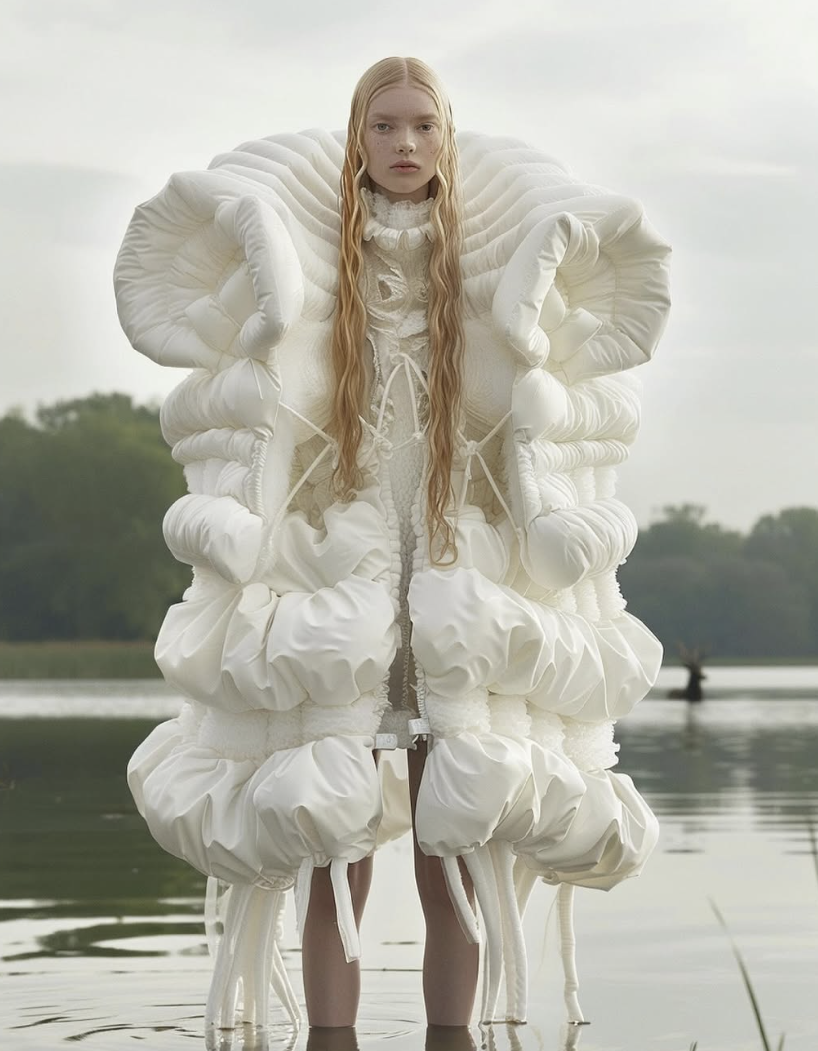 A solitary fair-skinned model stands in a lake wearing a puffy, avant-garde white coat with wet blonde hair and trees in background.