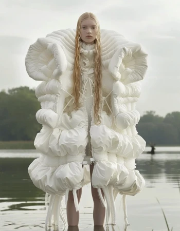 A solitary fair-skinned model stands in a lake wearing a puffy, avant-garde white coat with wet blonde hair and trees in background.