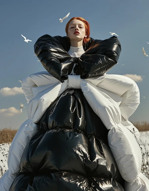 Fashion editorial shot of a red-haired female model in a dramatic black and white puffer gown, set against a blue sky with birds.