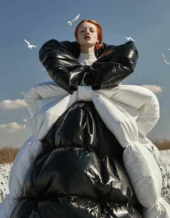 Fashion editorial shot of a red-haired female model in a dramatic black and white puffer gown, set against a blue sky with birds.
