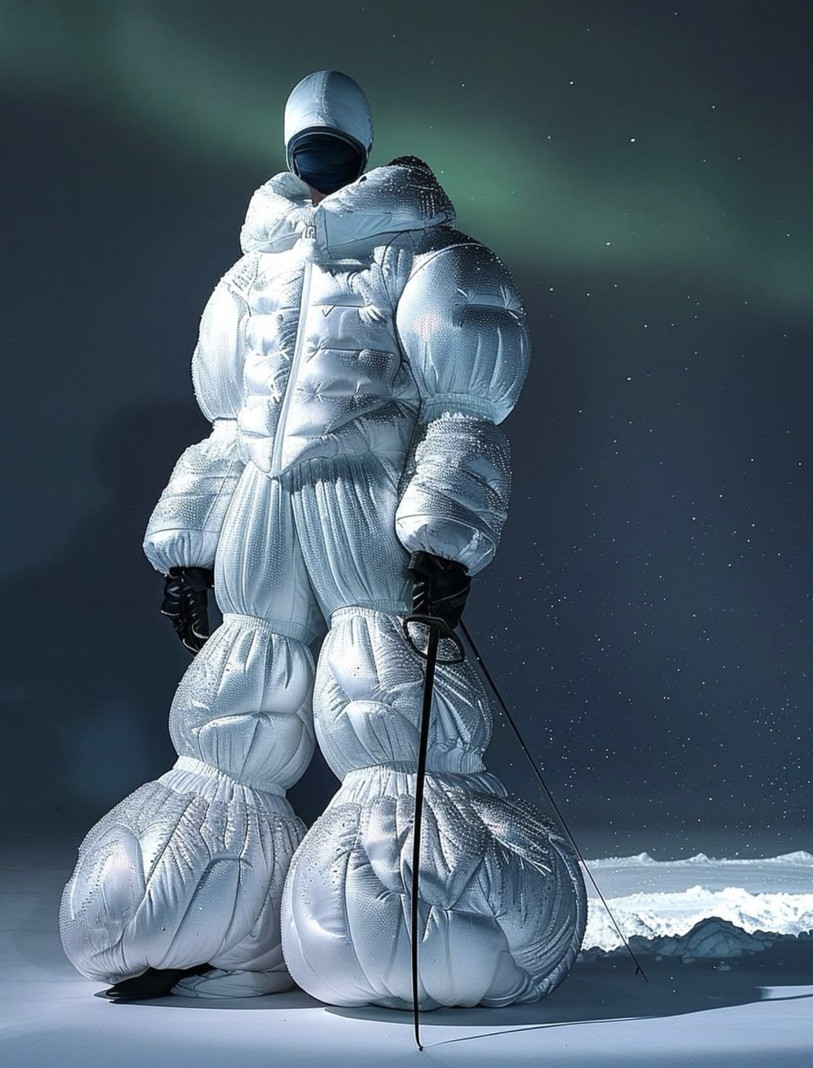 Person in a puffy white snowsuit, black gloves, and head covering stands on a snowy landscape beneath a green and blue aurora borealis.