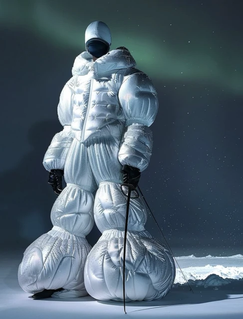 Person in a puffy white snowsuit, black gloves, and head covering stands on a snowy landscape beneath a green and blue aurora borealis.