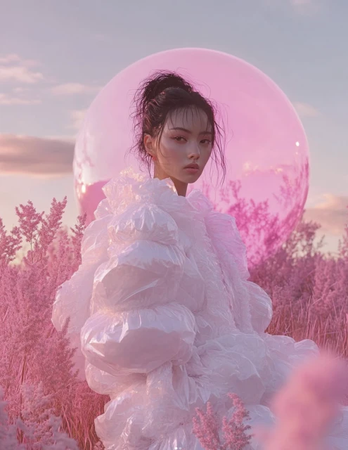 Woman in a sculptural white dress poses in a field of pink flowers in front of a large pink sphere, creating a surreal fashion image.