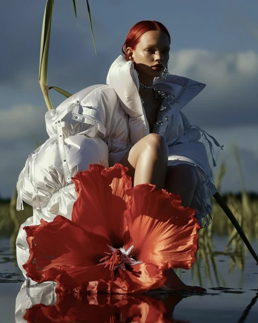 A red-haired fashion model in a white down jacket sits on the water with a large red flower. An artistic outdoor beauty portrait.