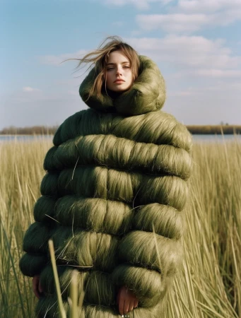 A woman wearing a voluminous green textured puffer coat standing in a tall grass field under a blue sky.