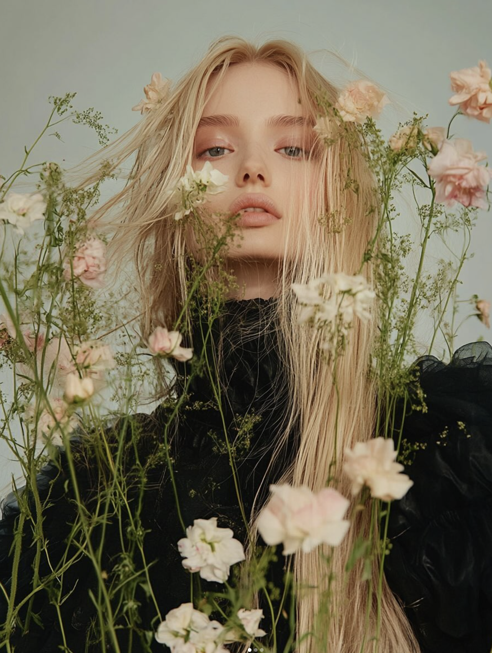 Portrait of a fair-skinned adult female with long blonde hair in a black top, surrounded by peach and white flowers in a light studio setting.