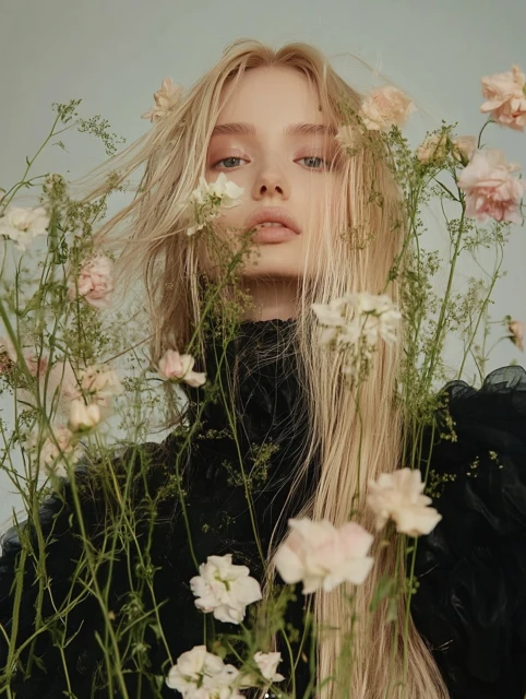 Portrait of a fair-skinned adult female with long blonde hair in a black top, surrounded by peach and white flowers in a light studio setting.