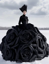 Model wearing a structured black dress made of large fabric roses and a tall sculptural hat in a snowy landscape by Faroff.studio